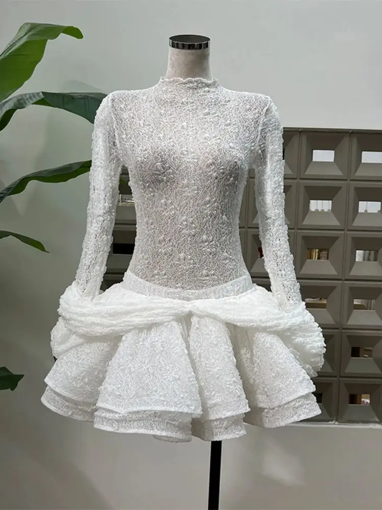 Chic Sheer Three Pieces Mini Dresses For Women Sexy O Neck Long Sleeve Tops Shorts Celebrity See Through Birthday Luxury Outfit