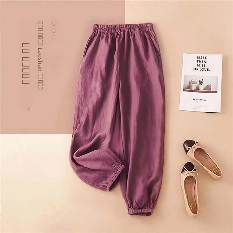 بنطلون فضفاض من القطن والكتان للنساء بألوان عصرية وتصميم كاجوال طويل للربيع والصيف جديد بخصر مرتفع وساق واسعة