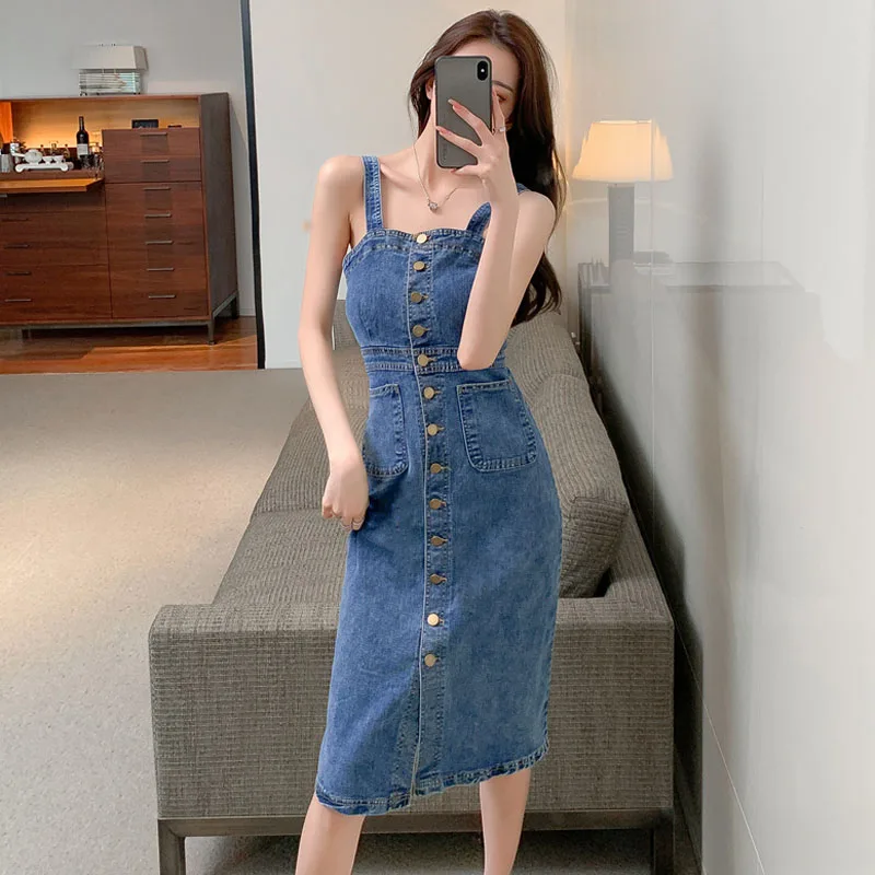 Women Vintage Elegant Fashion Single-breasted Denim Slim Package Hip Dresses 2025 New Summer Sexy Sling Bodycon Dress Vestidos