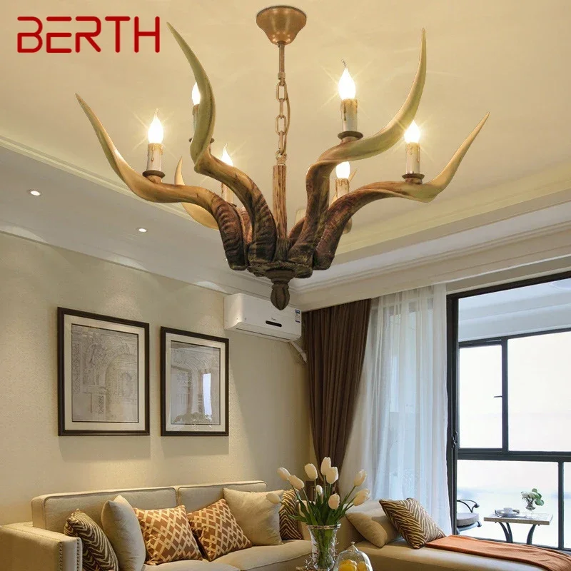 BERTH Deer Antler Chandelier American Retro Creative  Restaurant Clothing StoreLiving Room Bar Cafe Homestay Pendant light