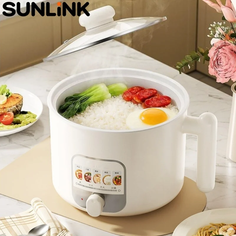 1pc 220V Electric Cooker Mini Non-Stick Inner Pot 1.8L Heat Settings Electric Pan for Dorm Home Kitchen Soup Rice Noodles Stew