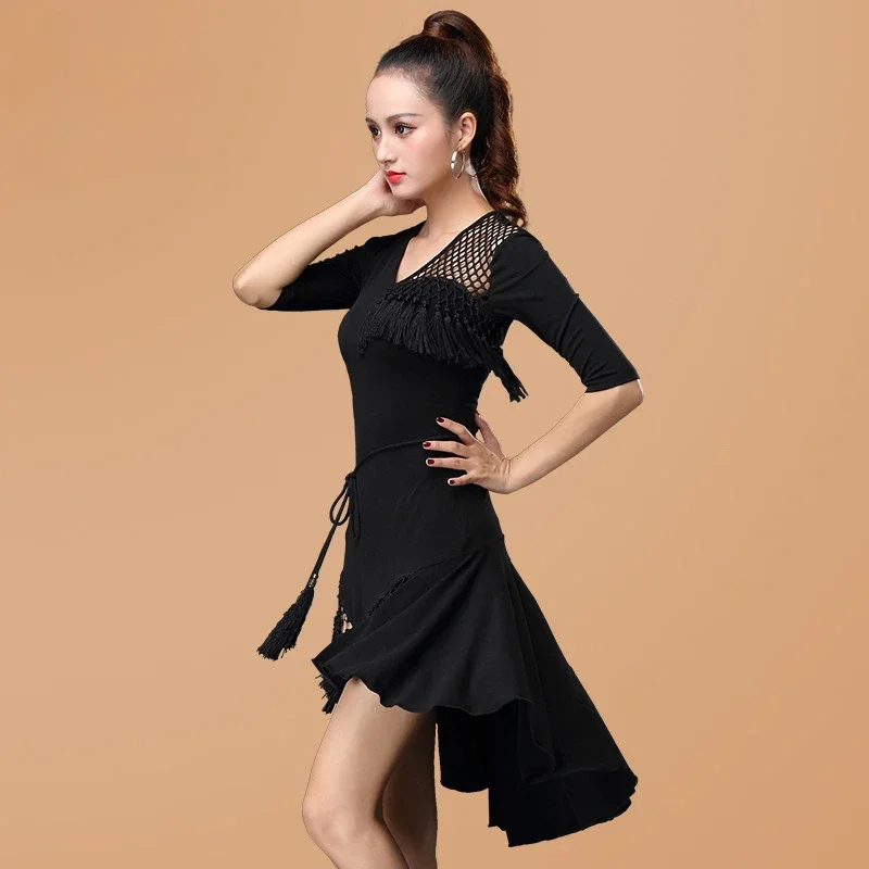 

Женское платье для латинских танцев, нерегулярное платье с кисточками и бахромой, платья для танго, латинского ча-ча-самбы, блестки, костюмы для бальных выступлений