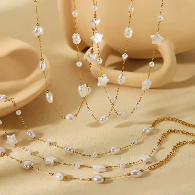 

INS Style Pearl Stainless Steel Necklace Love Full Star Collarbone Necklace for Women Vintage Elegant Fashion Waterproof Jewelry
