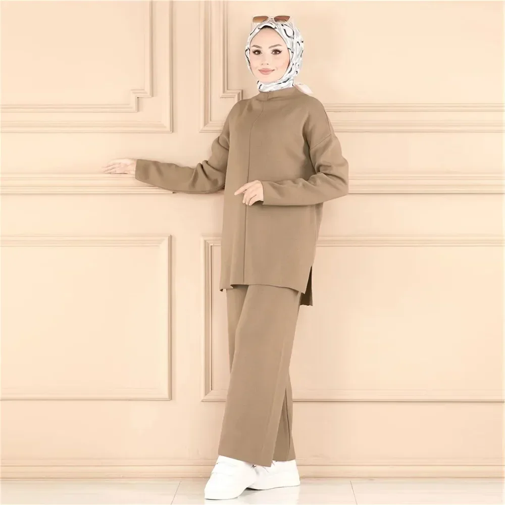 Ensemble tricoté 2 pièces pour femmes, pull, hauts, pantalons à jambes larges, chemisier, robe musulmane, Abaya, Kaftan de dubaï, vêtements islamiques, hiver