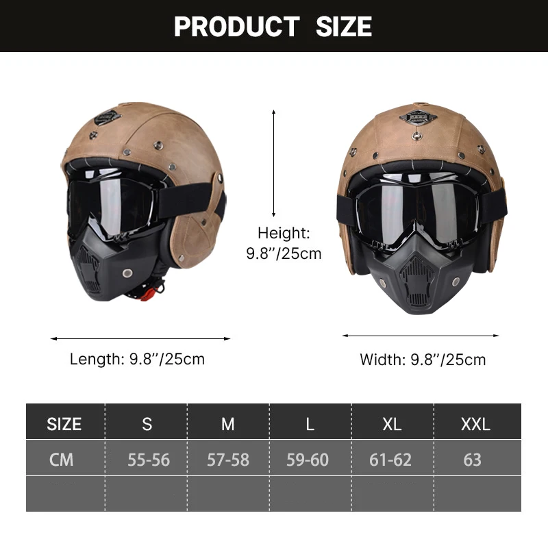 PU Leather Open Face Helmets For Motorcycle Dot Approved Women and Men Cruise Scooter Helmet With Goggle Mask  S M L XL XXL