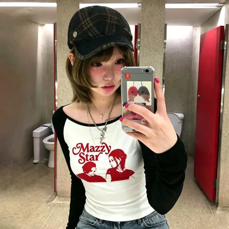 European and American cross border Spring Autumn Women Y2K Letter Print Long Sleeve T Shirt Slim Fit Top
