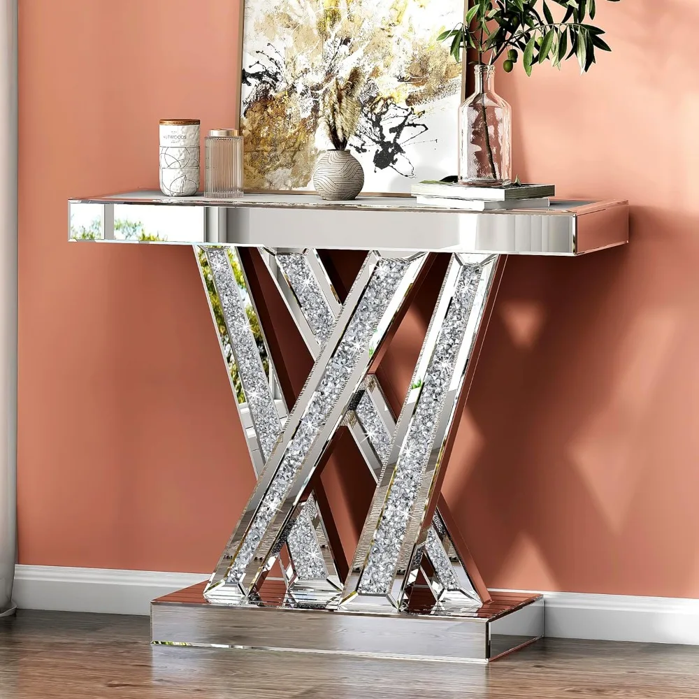 Mesa consola moderna con acabado de espejo, estilo Glam, incrustaciones de mesa de entrada plateadas con cristales brillantes triturados