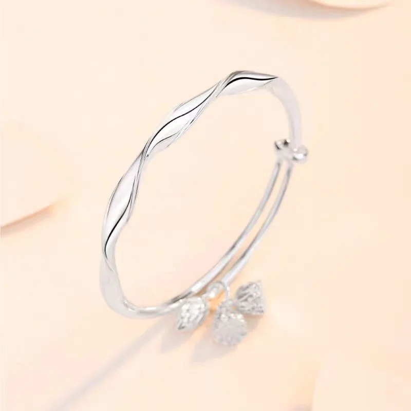 Polished Twisted Mobius S999 Sterling Silver Bracelet For Women Lotus Flower Charm Adjustable Silver Bangle