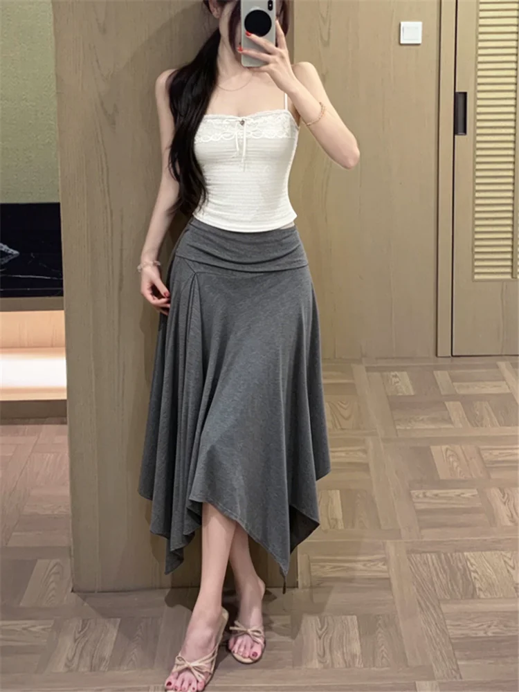 Grey Black Yellow Irregular Midi Skirt Stunning Women Summer High Waist Slimming Draping A Line Skirt Sweet Girl Short Bottoms