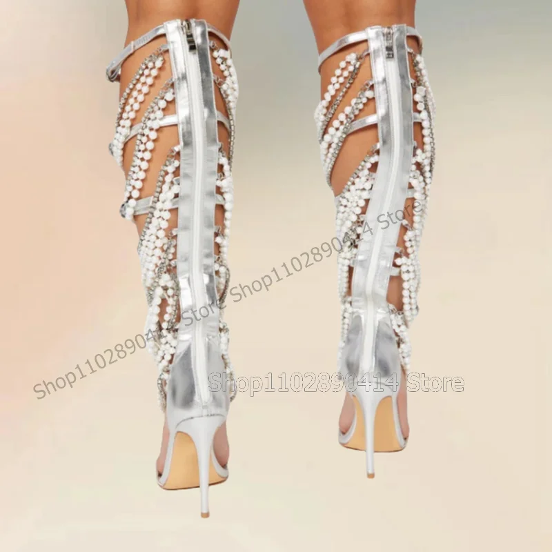

Crystal Pearl Chain Decor Silver Open Toe Sandals Boots Back Zipper Women Shoes Thin High Heels Fashion 2025 Zapatos Para Mujere