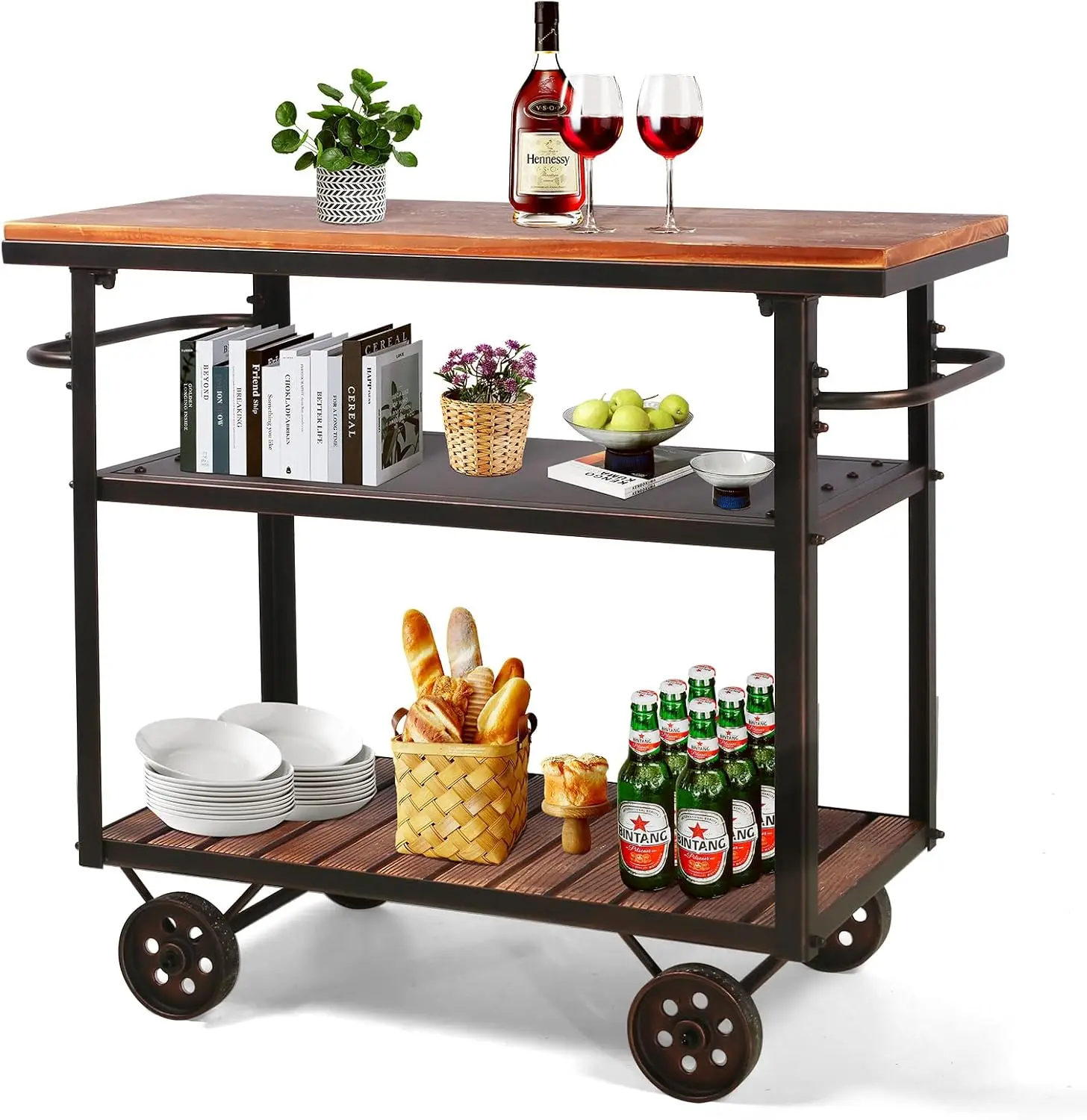 Rolling Bar Cart, 3 Tier Mobile Kitchen Island Organizer, Utility Serving Cart Coffee Station Storage Rack With Side Handles And Wheels, Modern Industrial Style, Rustic Brown And Black, 1 Piece