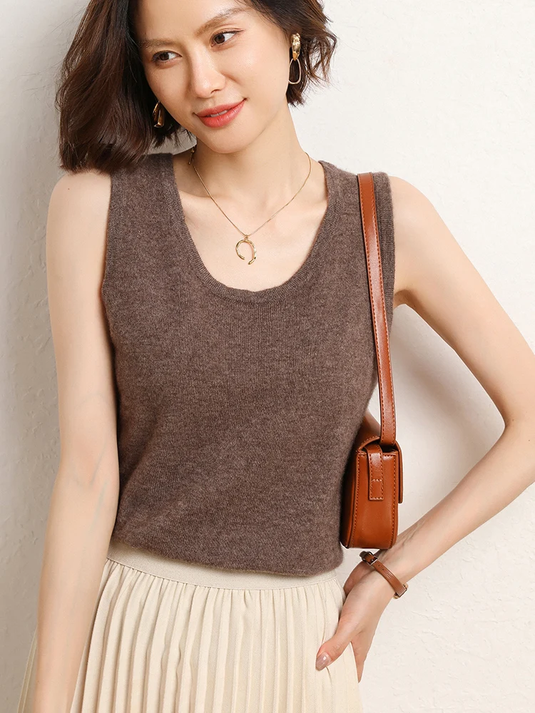 New Fashion Women Summer Vest 100% Merino Wool Knitwear Cashmere Sweater O-neck Sleeveless Pullover Basic Simple Style Vest Tops