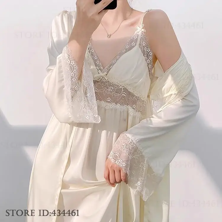 

Silky White Satin Bride Wedding Twinset Robe Set Dress Sexy Lace Long Kimono Bathrobe Gown Sleepwear Women Sleepwear Home Wear
