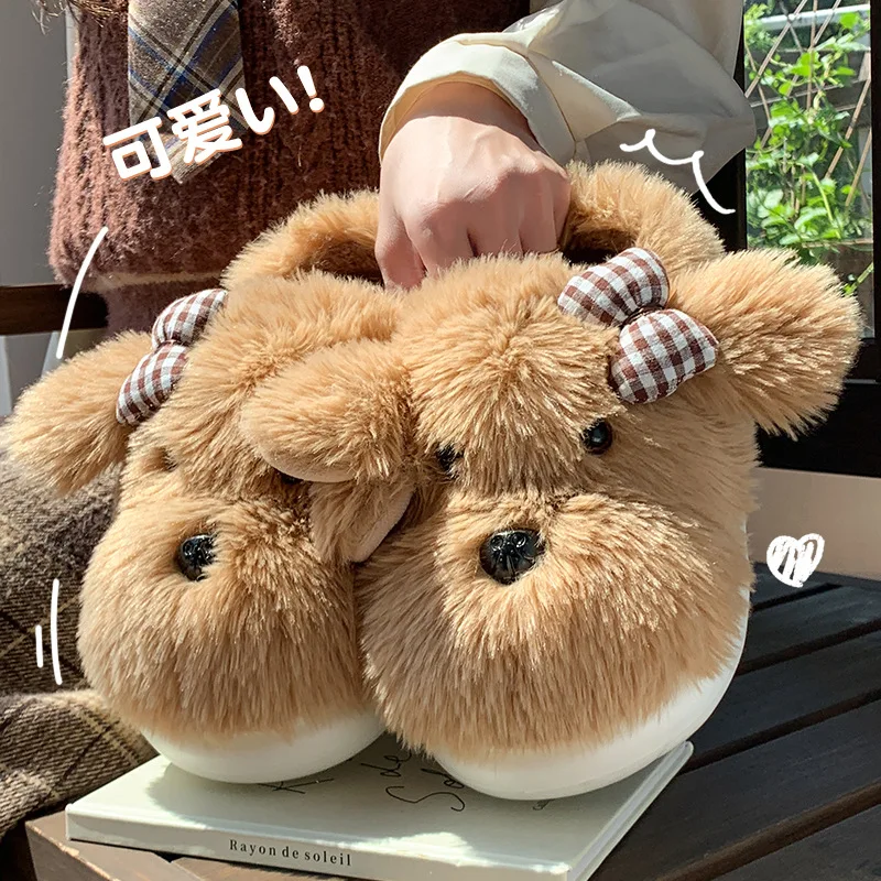 

New fluffy puppy bow slippers women's winter closed back shoes fuzzy room slippers woman adorable dog furry loafers lady slipers