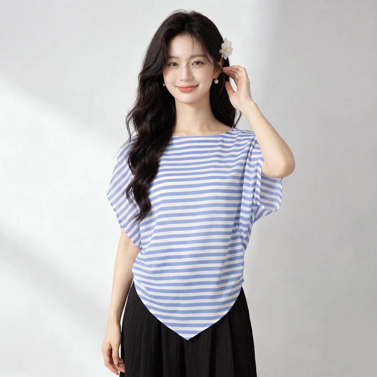 Winsleter-100%Real Silk Double Crepe Elegant T-Shirt, Slash Neck Striped, Women Korean Irregular Loose Top, 2026 Autumn T6O535CC