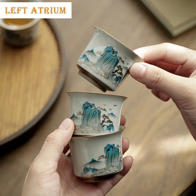 1 Pcs Chinese Retro Ceramic Teacup Handmade Landscape Pattern Tea Bowl Travel Portable Master Meditation Cup Household Tea Set