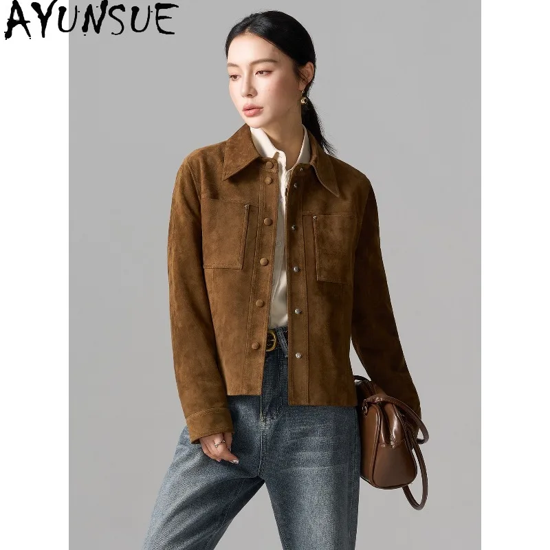 AYUNSUE Real Leather Jacket Woman Autumn Luxury Suede Sheepskin Jackets for Woman 2026 Short Retro Outerwear Woman Clothes 가죽자켓
