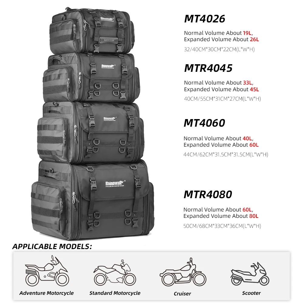 

Rhinowalk Motorcycle Bag 26L/45L/60L/80L Waterproof Large Capacity Expandable Motor Tail Back Seat Bag Luggage With Rain Cover