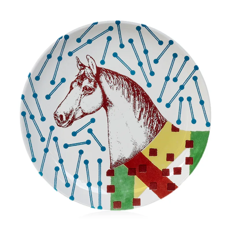 Eastern Horse Decorative Plate Plant Bird Parrot Illustration Dish Round Ceramic Tray for Home Decoration Luxury Porcelain Craft