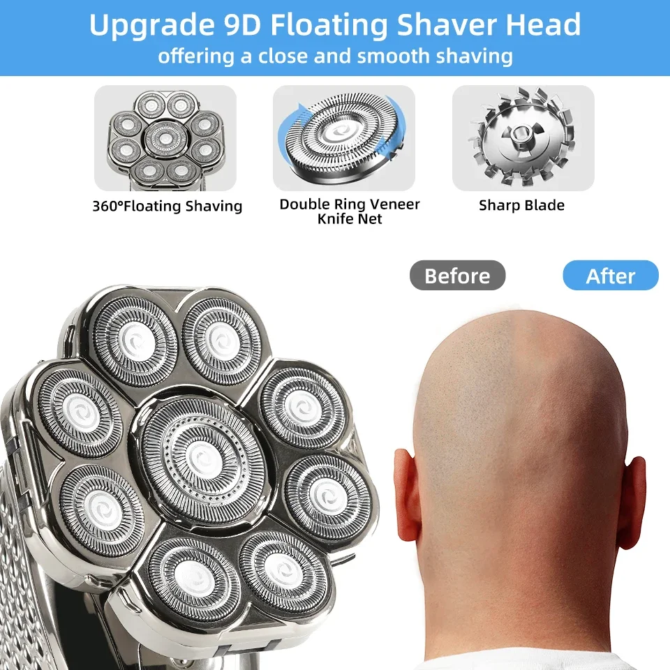 Men's Bald Head Electric Shaver 9 Blades Floating 6In1 Heads Beard Nose Ear Hair Trimmer Clipper Facial Brush Rechargeable Razor