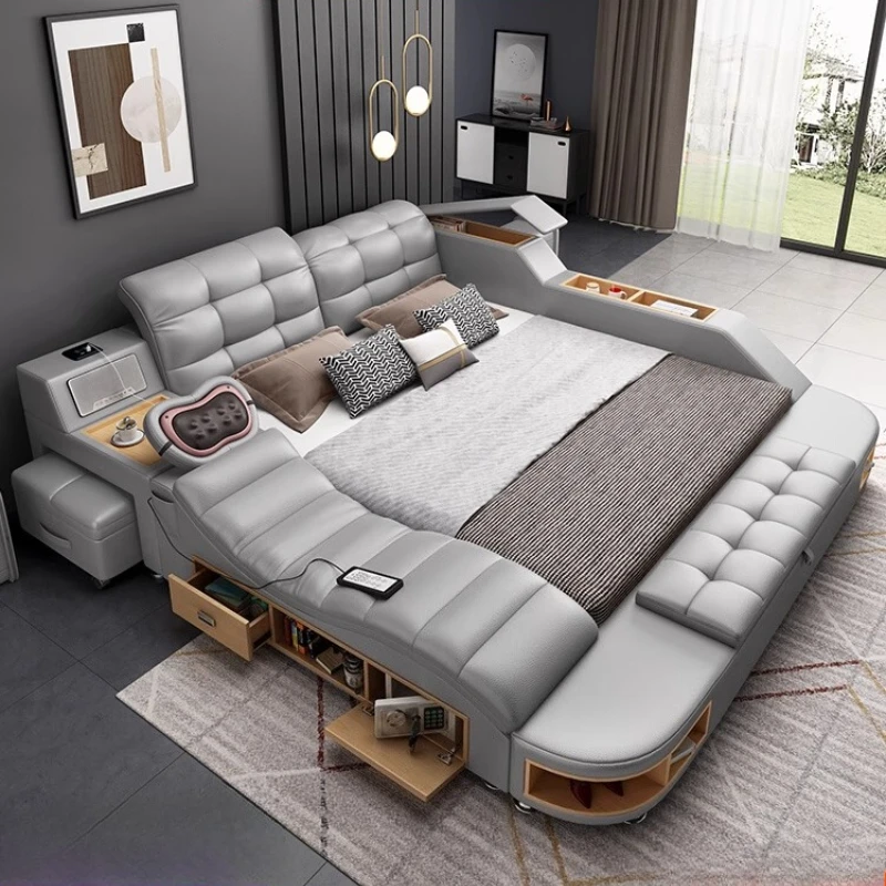 

Adults Leather Luxury Double Bed Modern Storage Italian Queen Size Double Bed Tatami Tech Smart Moniale Furniture For Home