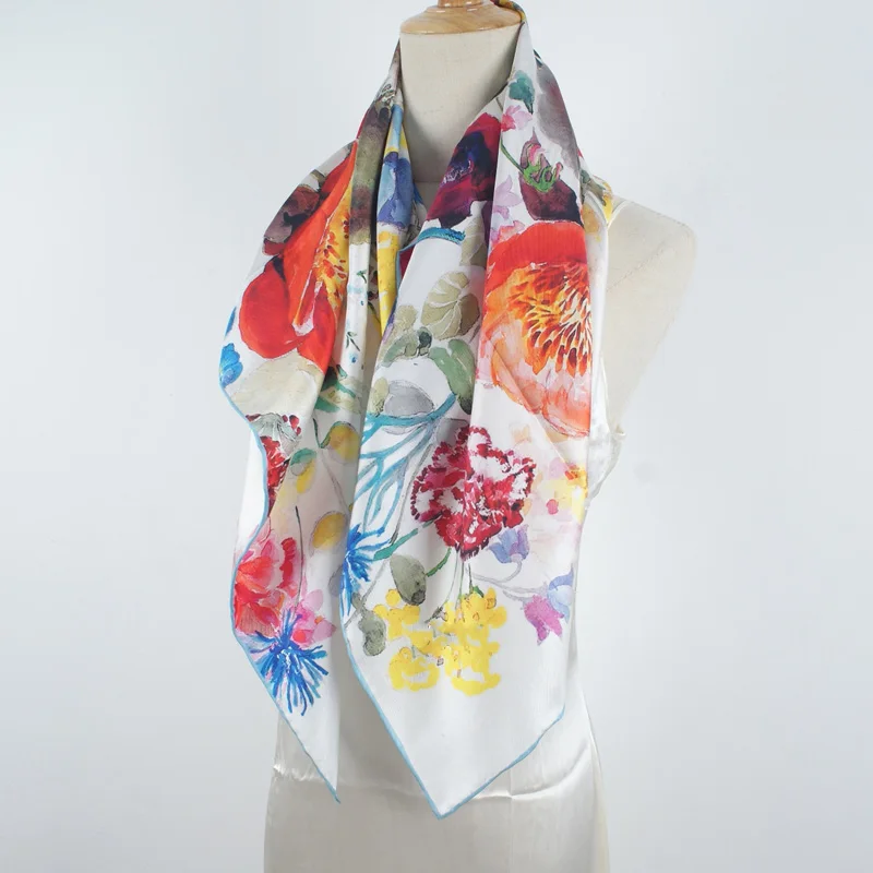 

100% Natural Silk Scarf Neckerchief Ink Floral Printed Large Square Silk Shawl Cape Womens Elegant Scarves Wraps 35"x35"