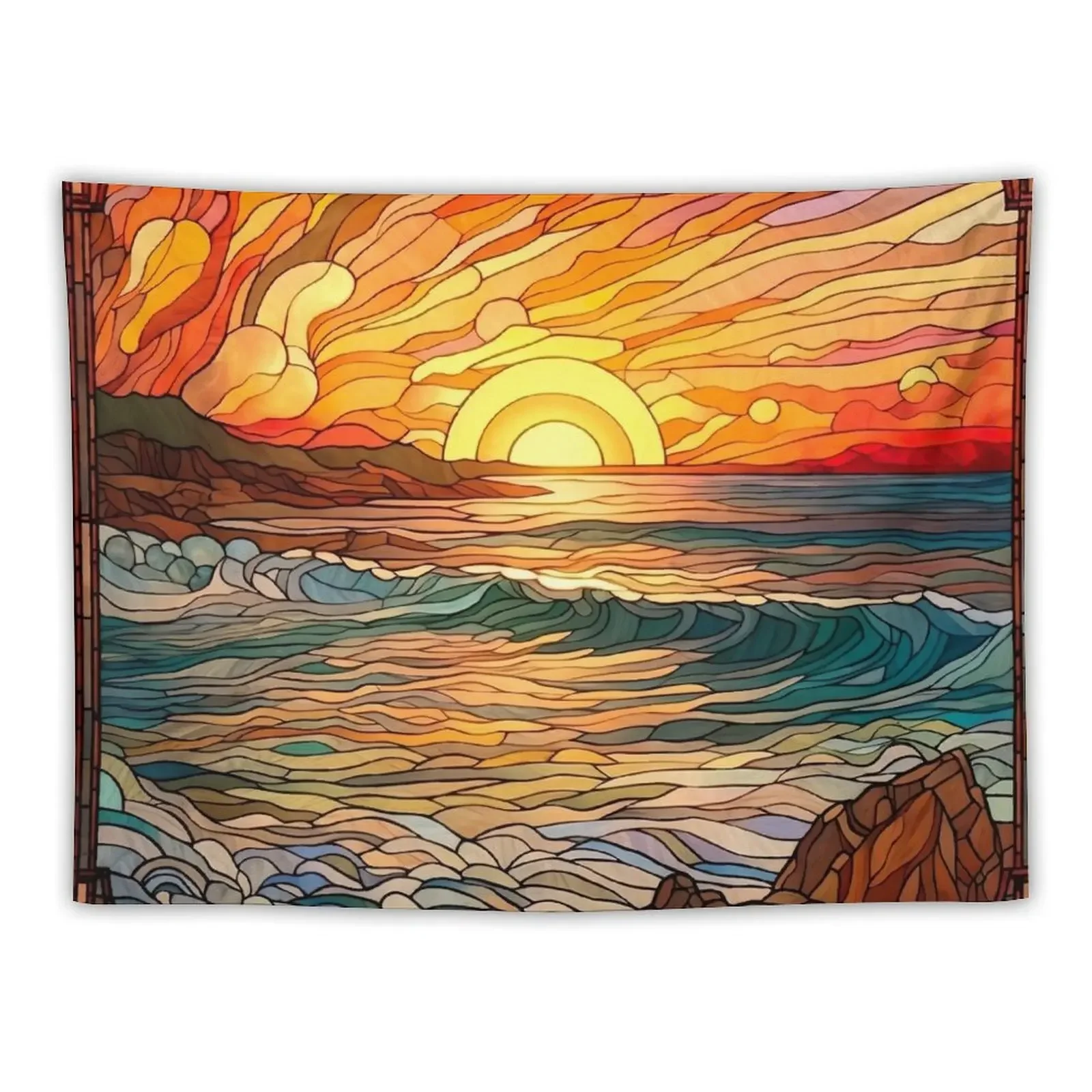 

Stained Glass Beach Scene and Sunset Tapestry Bedrooms Decorations Wall Mural Tapestry