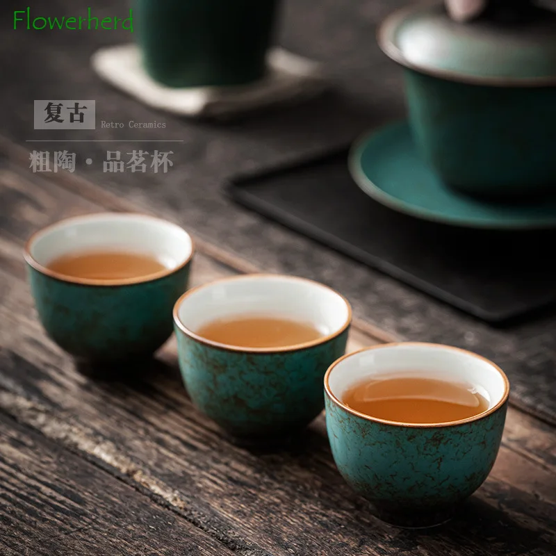 Retro Green Flower Glaze Ceramic Tea Cup Teaware Kung Fu Tea Set Small Master Cup Coarse Pottery Teacup Chinese Tea Set Cup