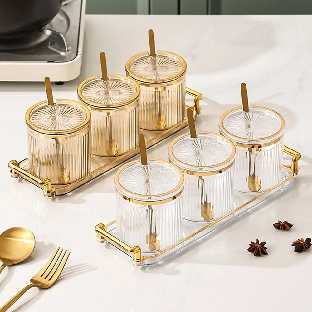 

Plastic Condiment Jar Transparent European Style Seasoning Storage Jar with Spoon and Lid Stripe Spice Container Kitchen