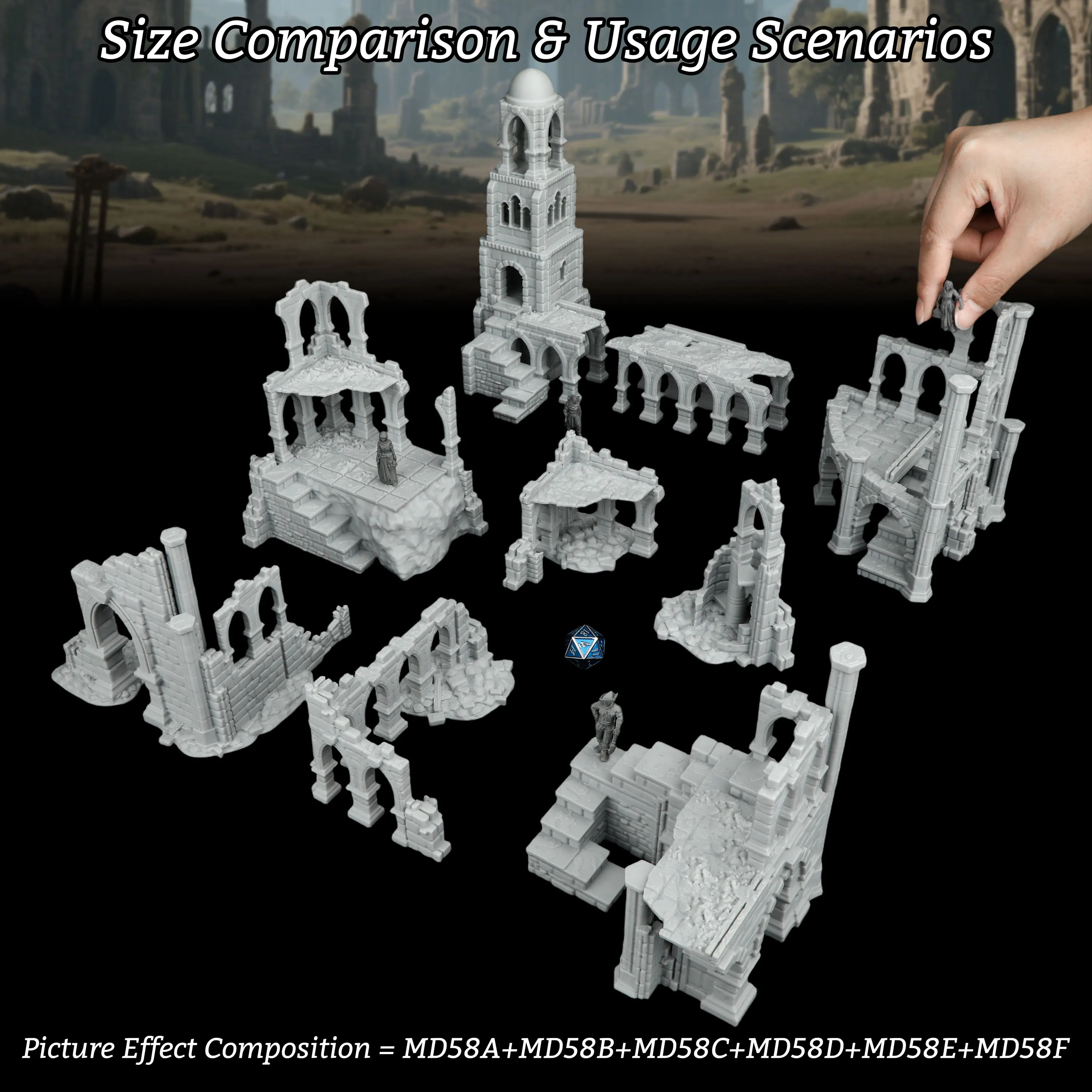 Fantasy Ruins Terrain Miniatures, Six Optional TTRPG Designs with Towers and Arches for Tabletop Games and Dioramas
