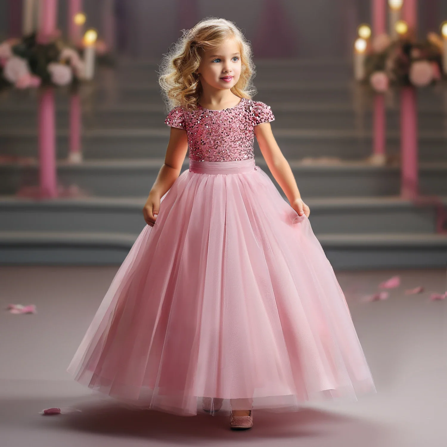 Girls\' Dresses Bridesmaid Wedding Sequin Long Princess Dresses Flower Elegant Girls Formal Evening Dress for Girls 5 10 14 Years