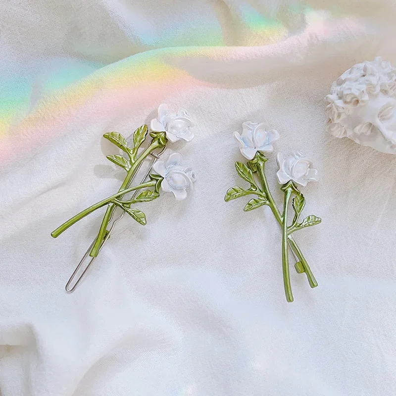 New High-End Feel White Rose Hairpin Edge Trimming Hair Accessories Back Brain Pinched Hair Decorations Forest System Fairy Knot