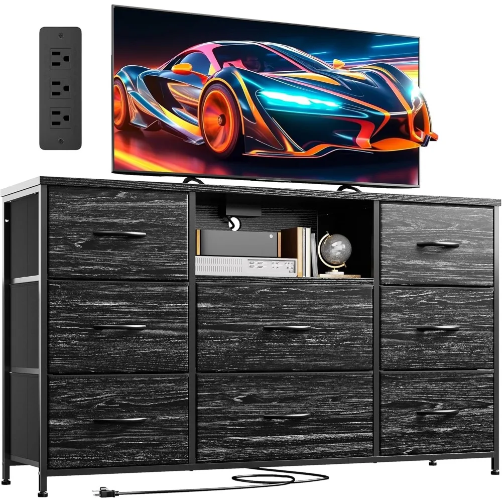 

Black Dresser with Power Outlets, 8 Drawers TV Stand for 55''TV for Bedroom Fabric Dressers & Chest of Drawers, Sturdy Dresser