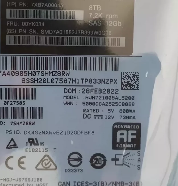 For Lenovo 8T 8TB 7.2K SAS 12Gb 7XB7A00045 00YK034 SR550 SR650 hard drive