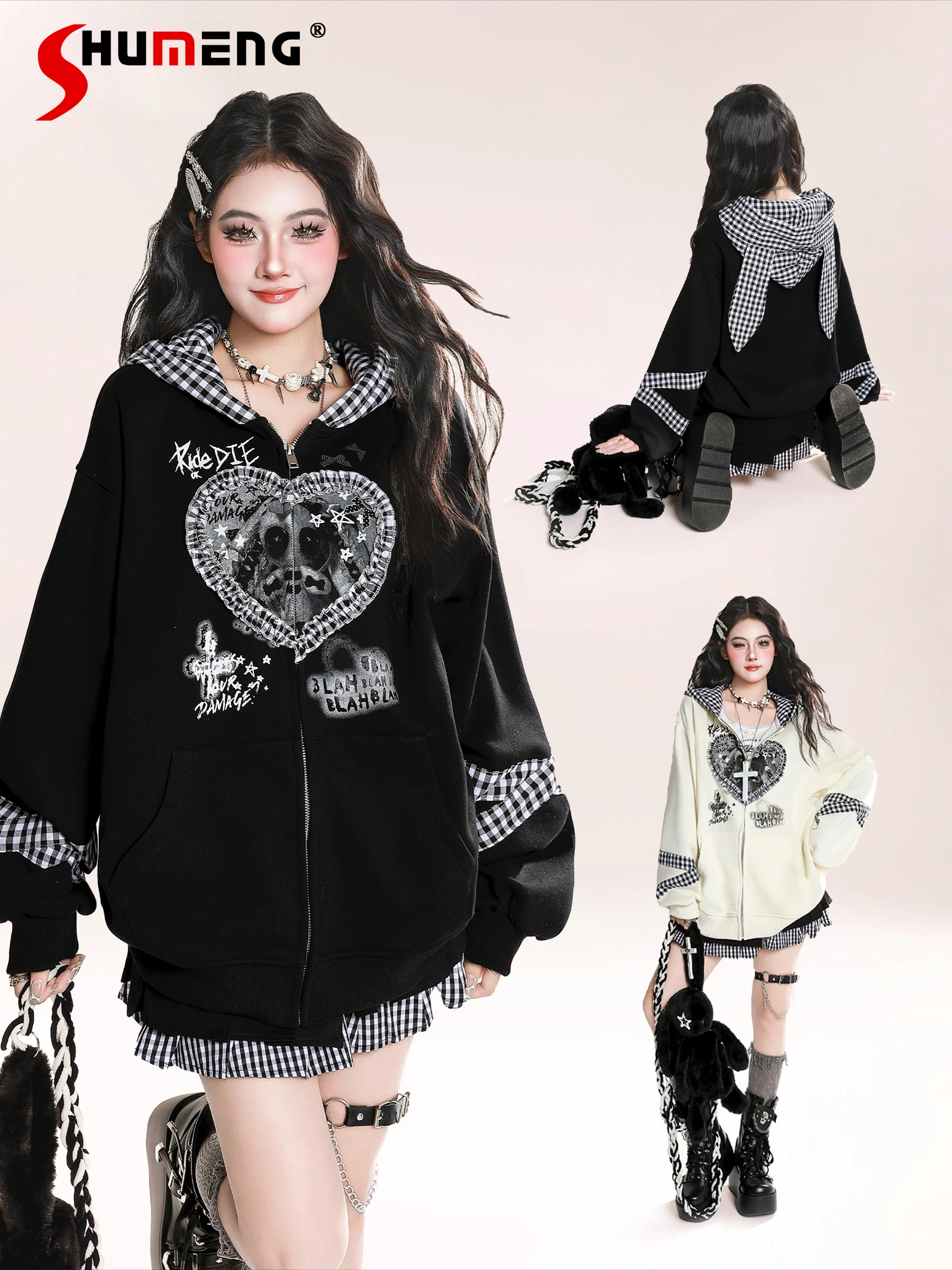 

Fashion Sweet Cool Subculture Heart Print Plaid Patchwork Hoodies Loose Casual Zipper Long Sleeve Sweatshirt Jacket Women Autumn