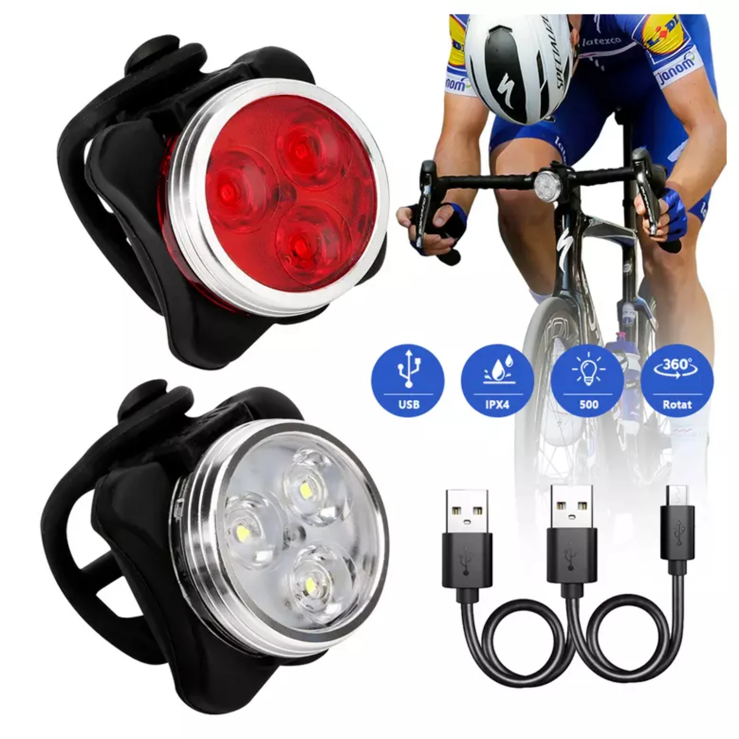 2 juegos de faros LED recargables por USB para bicicleta, lámpara delantera y trasera para bicicleta, luz para ciclismo