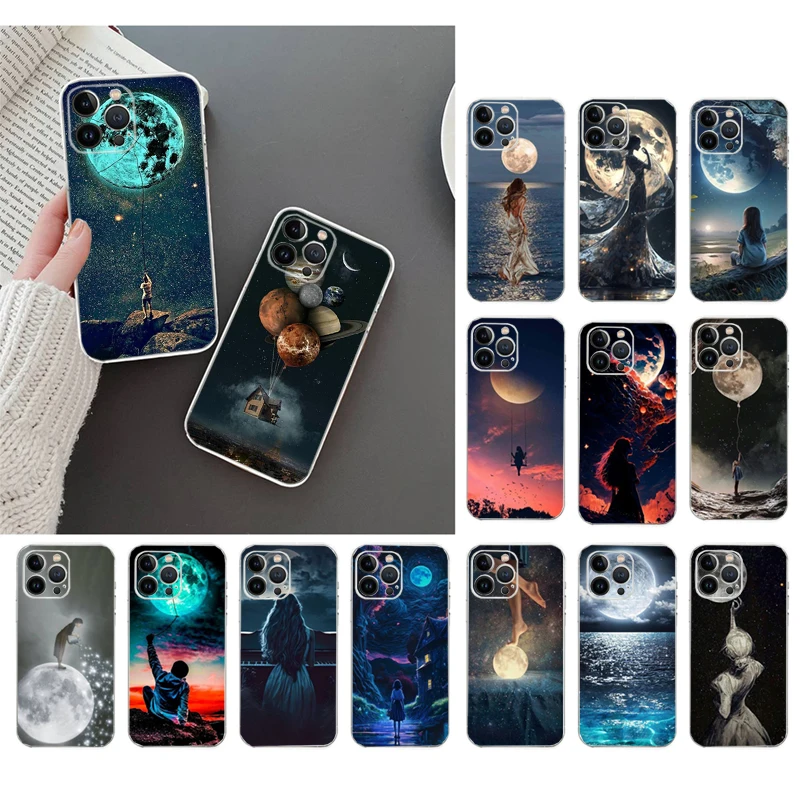 

Phone Case For iphone 17 Pro Max Air 16 15 14 13 Pro Max 15 16 Pro 15Plus Moon Night Planet Girl