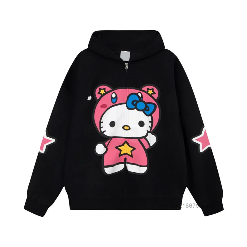 Sanrio Hello Kitty Korean Style Premium Cartoon Print Cardigan Female Plush Hooded Sweatshirt Y2k Cute Girl New Loose Ziper Coat