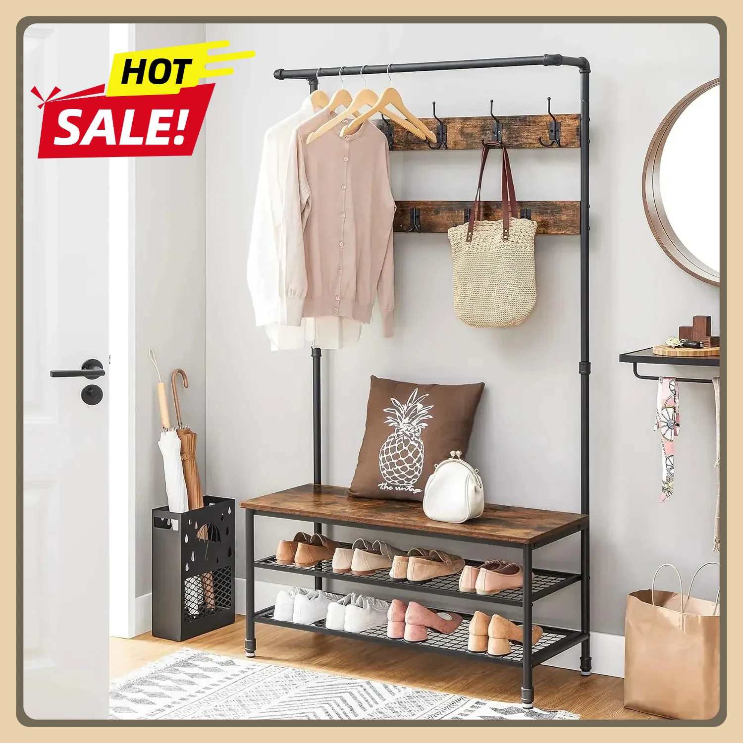 

DAINTREE 3-in-1 Entryway Coat Rack and Storage Bench with 9 Hooks, Pipe Style Hall Tree, Multifunctional, Sturdy Steel Frame
