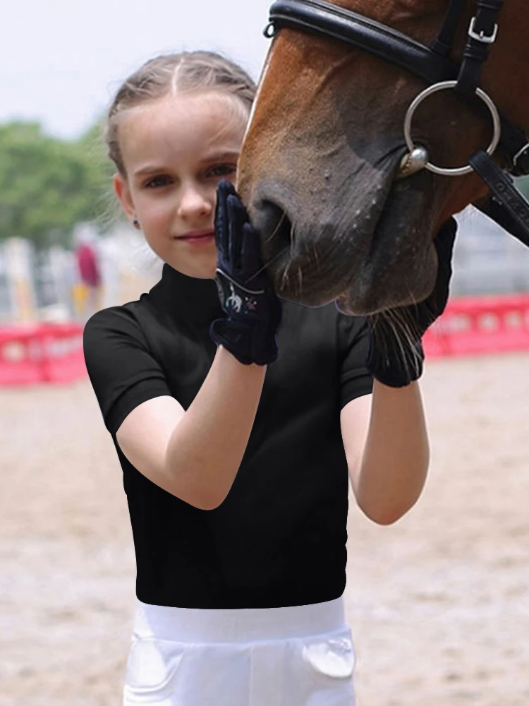 MXLLINA Girls Equestrian Short Sleeves Tops Women Summer Zipper Horse Riding T-Shirts Sports Base Layer Competition Show Top