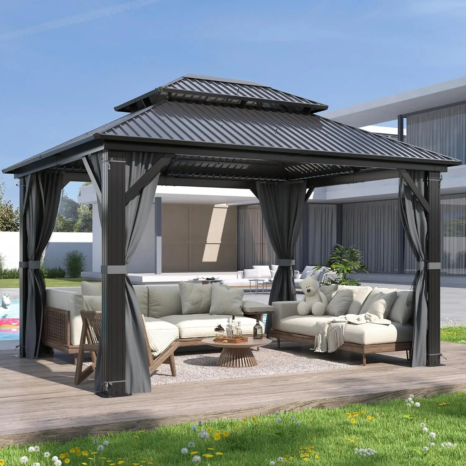 10'x12' Outdoor Hardtop Gazebo with Double Roof - Heavy-Duty Steel Top Aluminum Frame Gazebo with Breathable, Customized