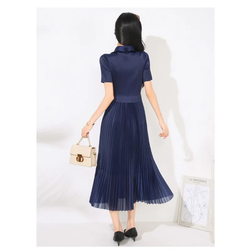 فستان نسائي صيفي بأكمام قصيرة من Miyake فستان جديد بخصر رفيع وياقة مطوية وتنورة طويلة مرنة فساتين نسائية ملابس