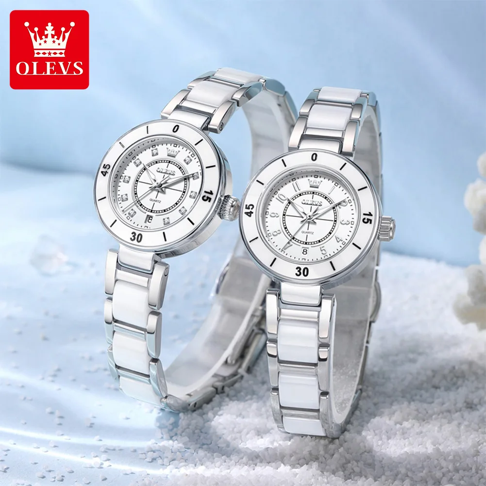 OLEVS 7083 Woman Watch Fashion Number Scale Quartz Watch For Women Luminous 30M Waterproof Ladies Wristwatch Ceramic Steel Strap