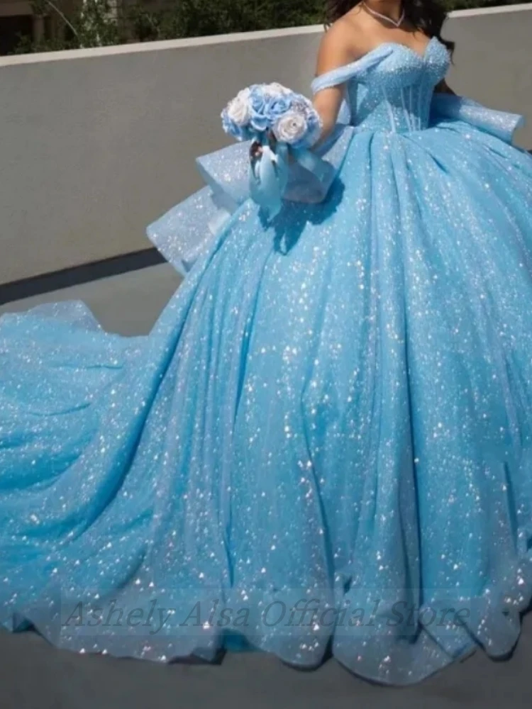 AN27 gaun Prom biru langit kustom 2025 gaun pesta ulang tahun anak perempuan 16th manis berpayet bahu terbuka Vestido 15 Quinceanera