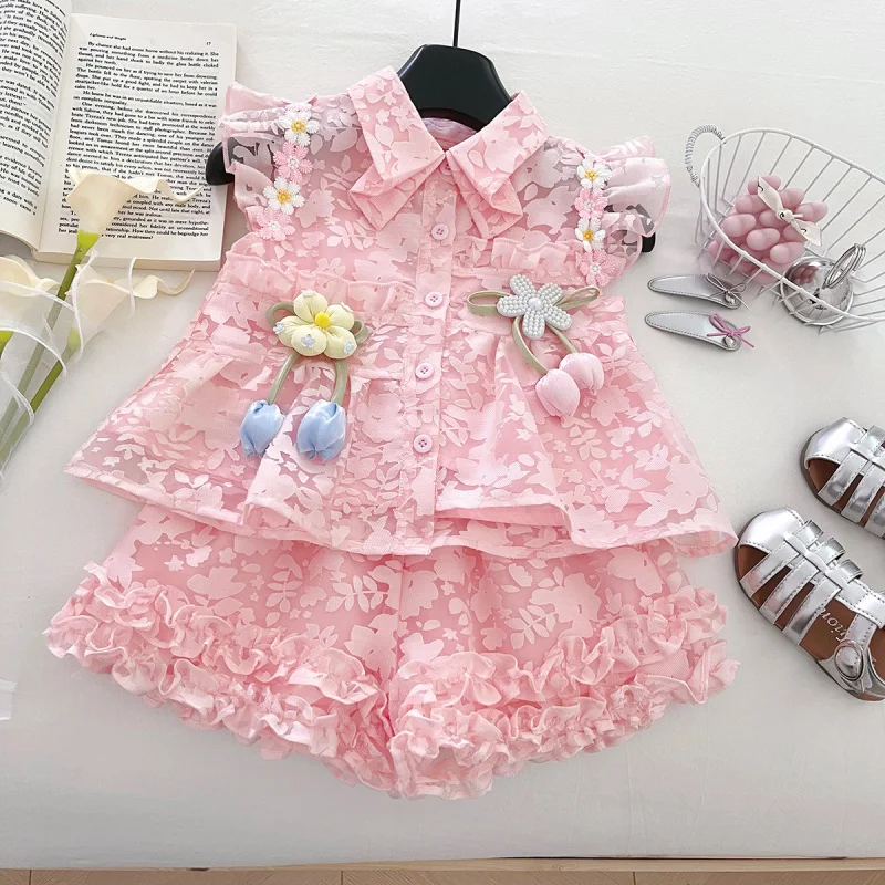 New Summer Girls' Outfit: Three-dimensional Floral Print Sleeveless Shirt and Lace Shorts Two-piece Set