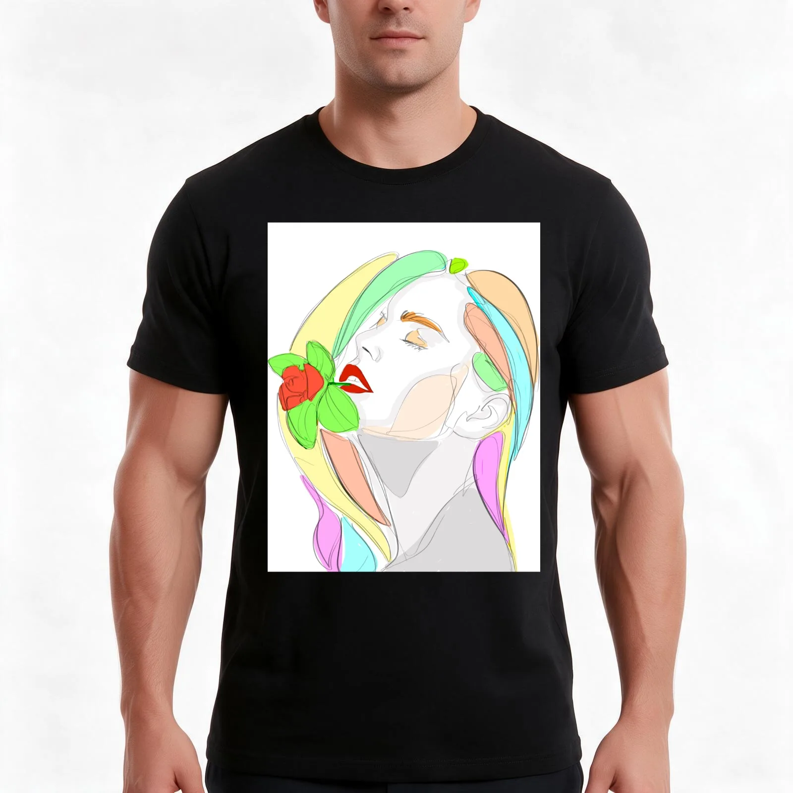 Woman with rose-line art T-Shirt, Summer Casual Cotton Tee, Oversized Streetwear Tops, Vintage Graphic Print, Unisex Men Women