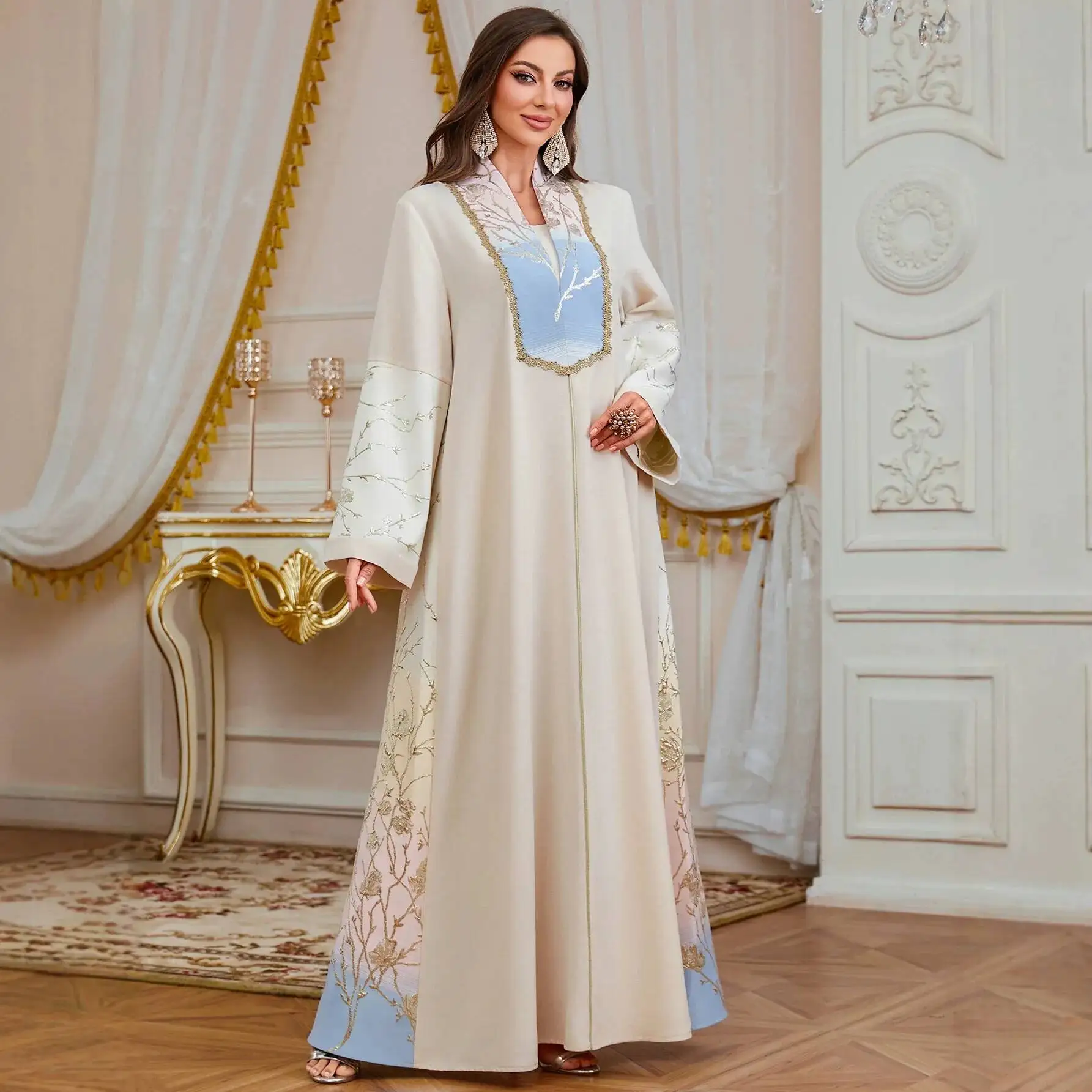 

Elegant Embroidered Robe For Women, Fashionable Floral Loose Ethnic Style Dress, Long Sleeve Evening Gown Islam Elegant