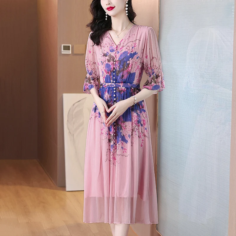 2024 Summer Luxury Silk Floral Casual Midi Dress Women\'s Vintage Elegant Evening Prom Dress Spring Holiday Boho Hepburn Vestidos