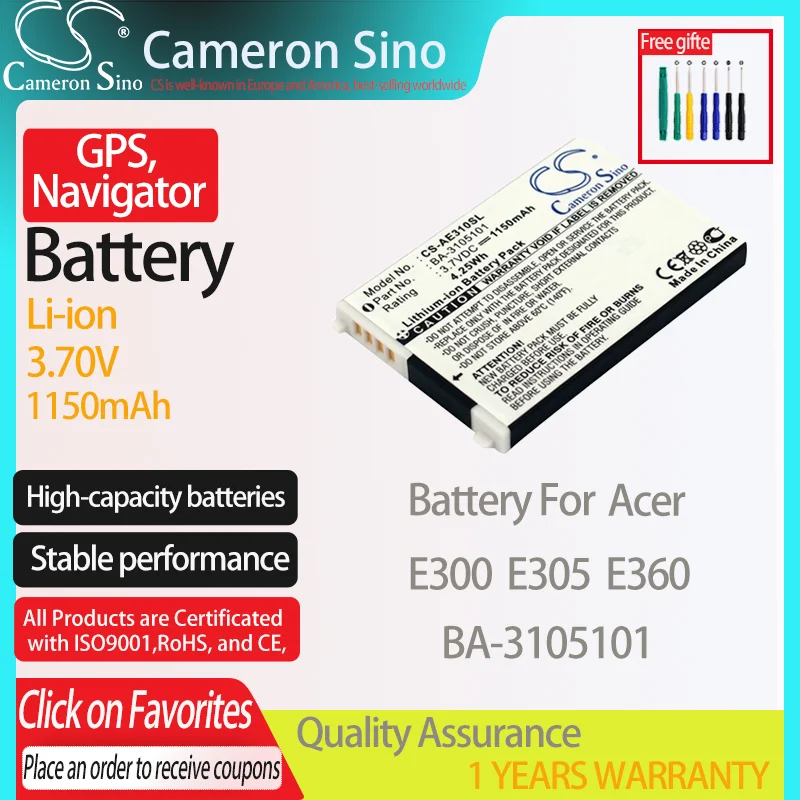 CameronSino Battery for Acer E300 E305 E360 fits Acer BA-3105101 GPS, Navigator battery 1150mAh 3.70V Li-ion Black