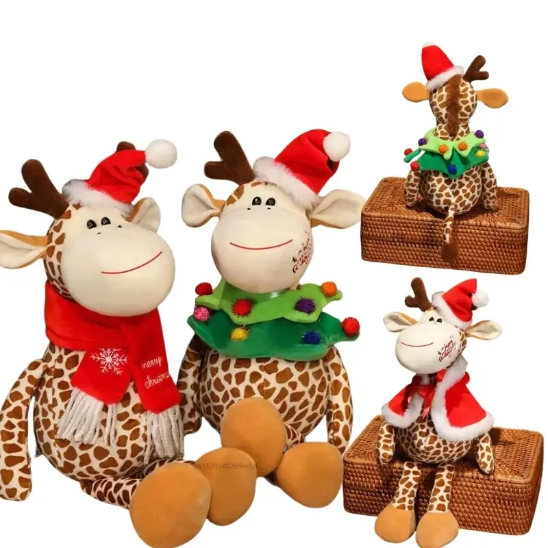 45cm Kawaii Navidad jirafa juguetes de peluche sombrero de Papá Noel muñeca Animal de la selva decoración del hogar para niños y niñas regalos de navidad